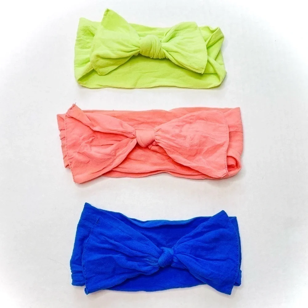 BABY Bling Bows Stretchy Nylon Bow Knot 3 Bows in Coral Royal Blue and Green